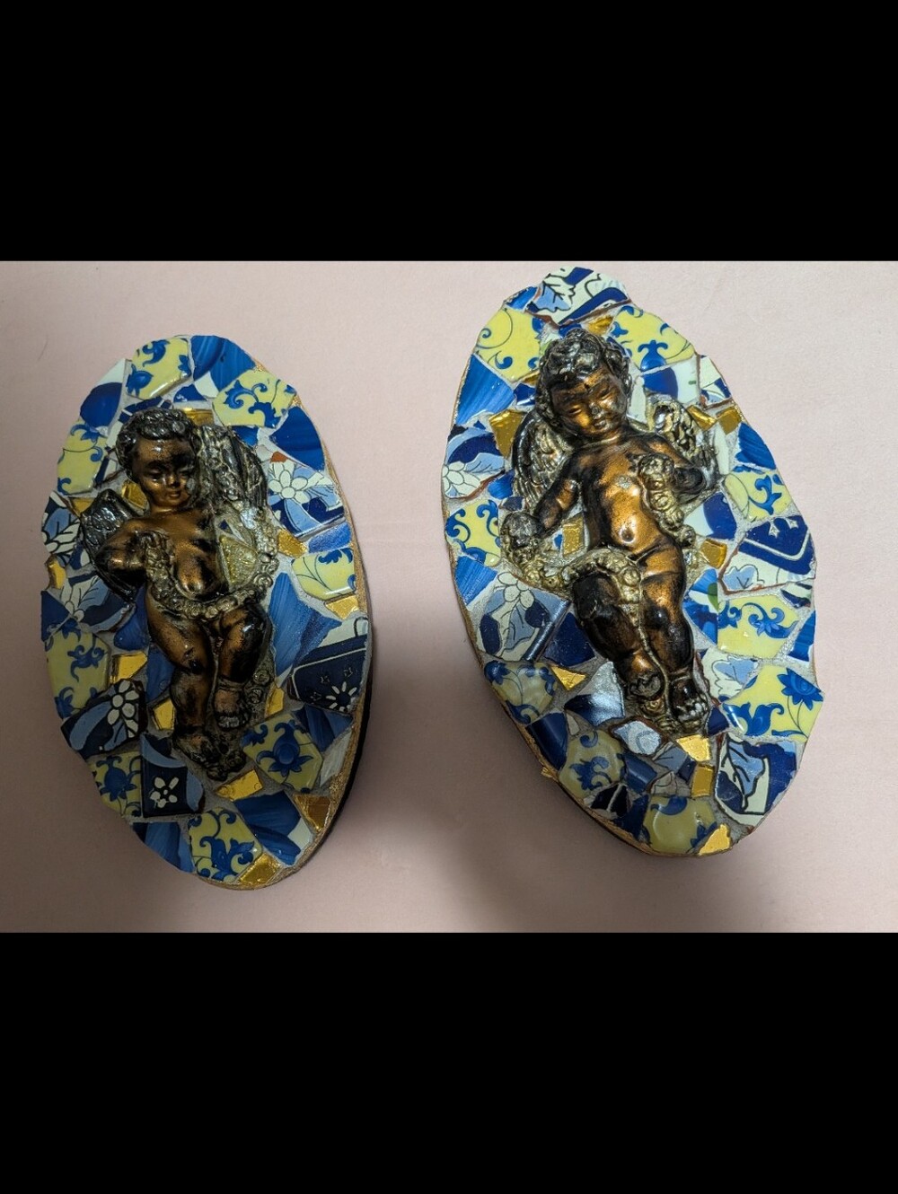 Handcrafted Rococo Style Cherubs On Mosaic Glass Wall Plaques - Set of 2
